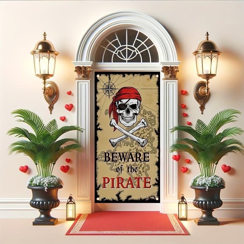 TOMHONG Pirate Door Cover Banner Beware of the Pirate 71x35 Inch Party Door Sign for Front Door Skull Map Design Door Cover for Halloween Theme Party Outdoor Decor - Image 3